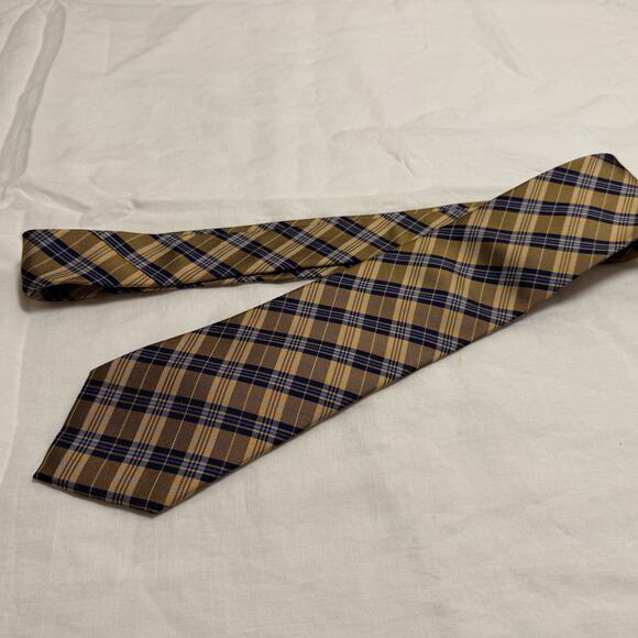 Countess Mara Silk Plaid Tie – Gold & Navy with Crown Crest - Picture 6 of 10